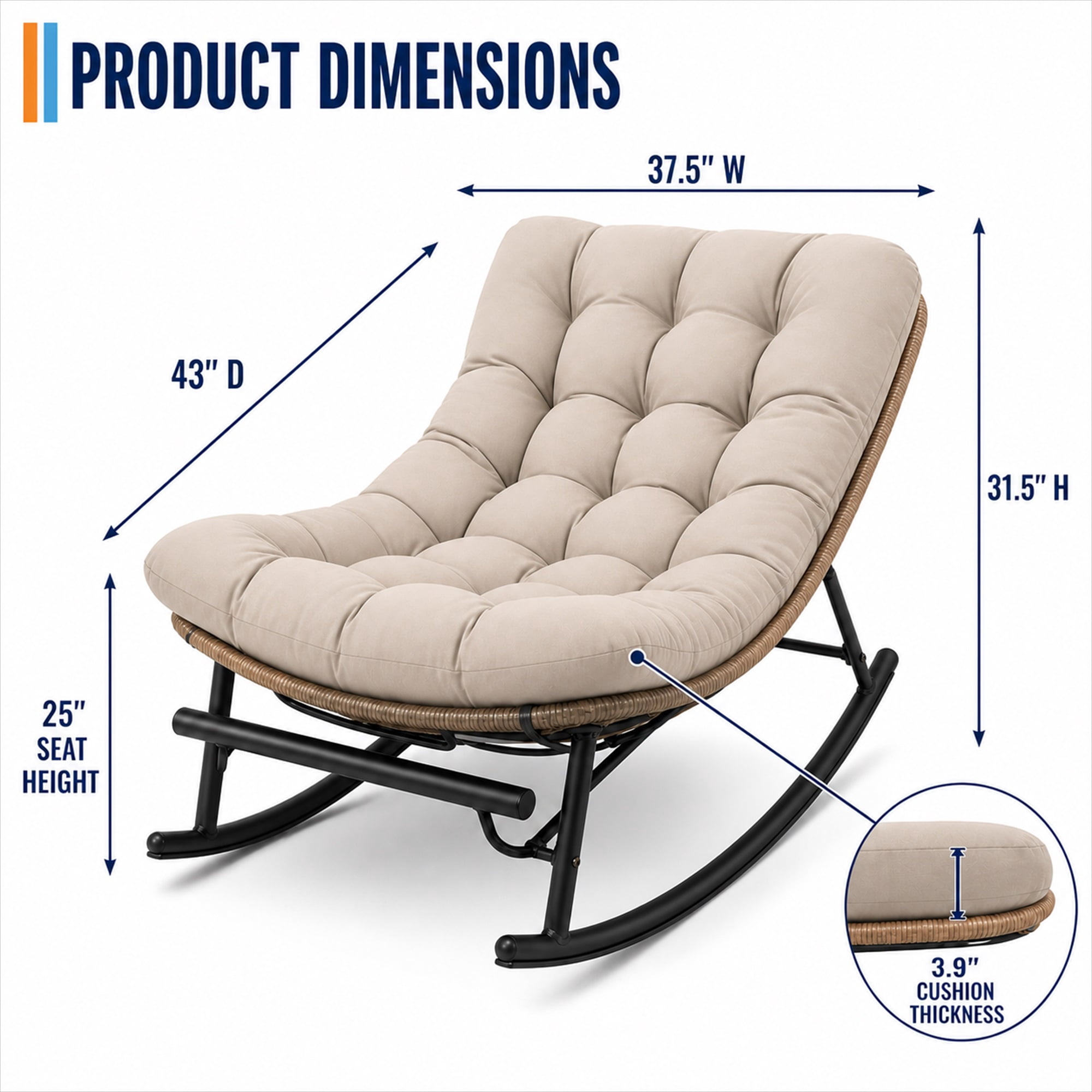 CLOUDREST PRO Outdoor Papasan Rocking Chair with Retractable Footrest, Oversized Wicker Patio Lounge Rocker with Thick Cushion and Steel Frame, 450 lb Capacity, Indoor Outdoor, Brown