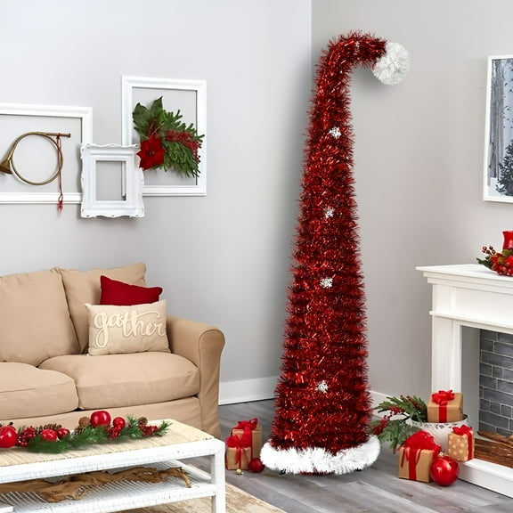 4.92ft Red Santa Hat Christmas Tree Whimsical Pop Up Curved Tree with Decorative Curved Plastic Metal Foil for Christmas Home, Apartment, Office