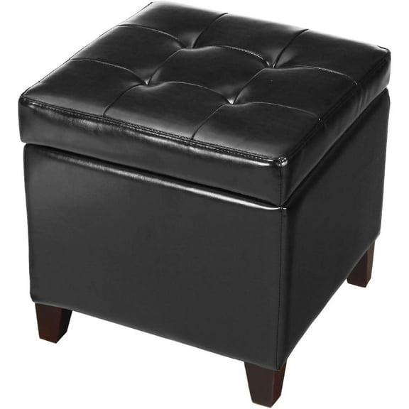 SEYATPOOL Bonded Leather Square Tufted Cubic Cube Footstool, 18" Height Storage Ottomans, With Lid, Black