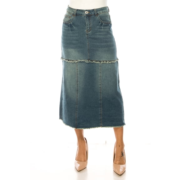 Be-Girl Women's Denim Skirt, Tiered Frayed Hem, Long Length - SG-89215