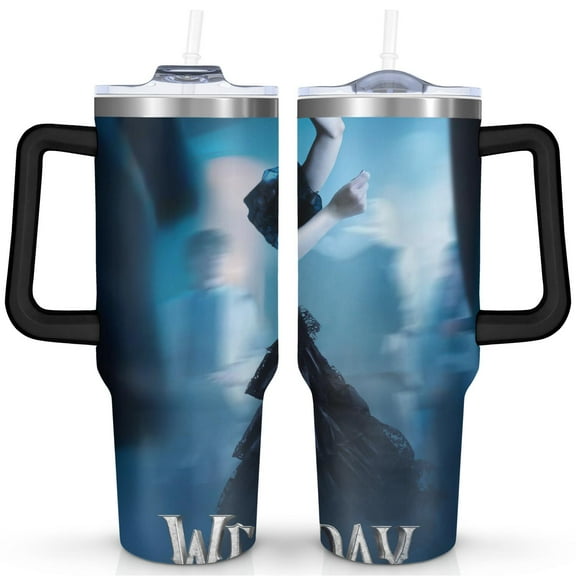40oz Wednesday Girl Stainless Steel Tumbler with Lid and Straw,Wednesday Stuff Merchandise Spill Proof Travel Cup Double Wall Vacuum Insulated Coffee Mug with Handle Black