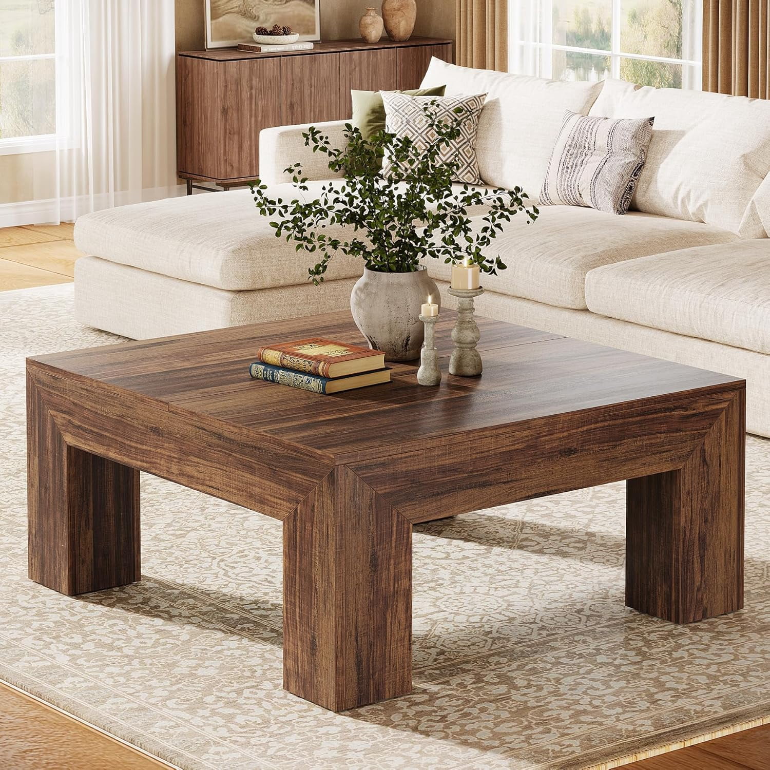 Finmind 39.4-Inch Square Coffee Table for Living Room, Farmhouse All Wood Accent Center Cocktail Table