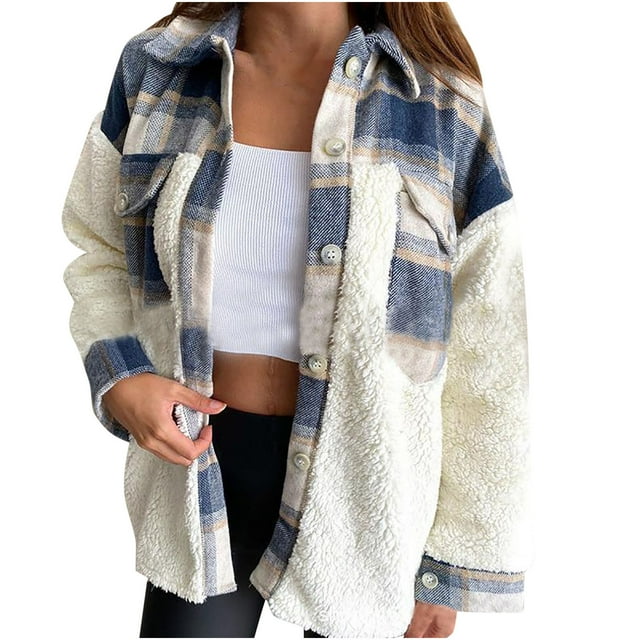 CEHVOM Women's Jacket Lamb Wool Stitching Warm Single-Breasted Cardigan Jacket Clearance
