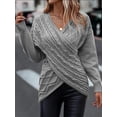 thumbnail image 2 of Women's Fall/Winter Solid V-neck Sweater Fashion Crossover Jacquard Slim Casual Top Irregular Loose, 2 of 3