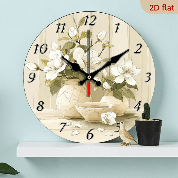 2D Flat 1pc 10Inch Non-Ticking Wooden Wall Clock - Circular Still Life with White Flowers Design, Rustic Home Decor for Kitchen, Bedroom, Living Room, Stairwell, Laundry Room