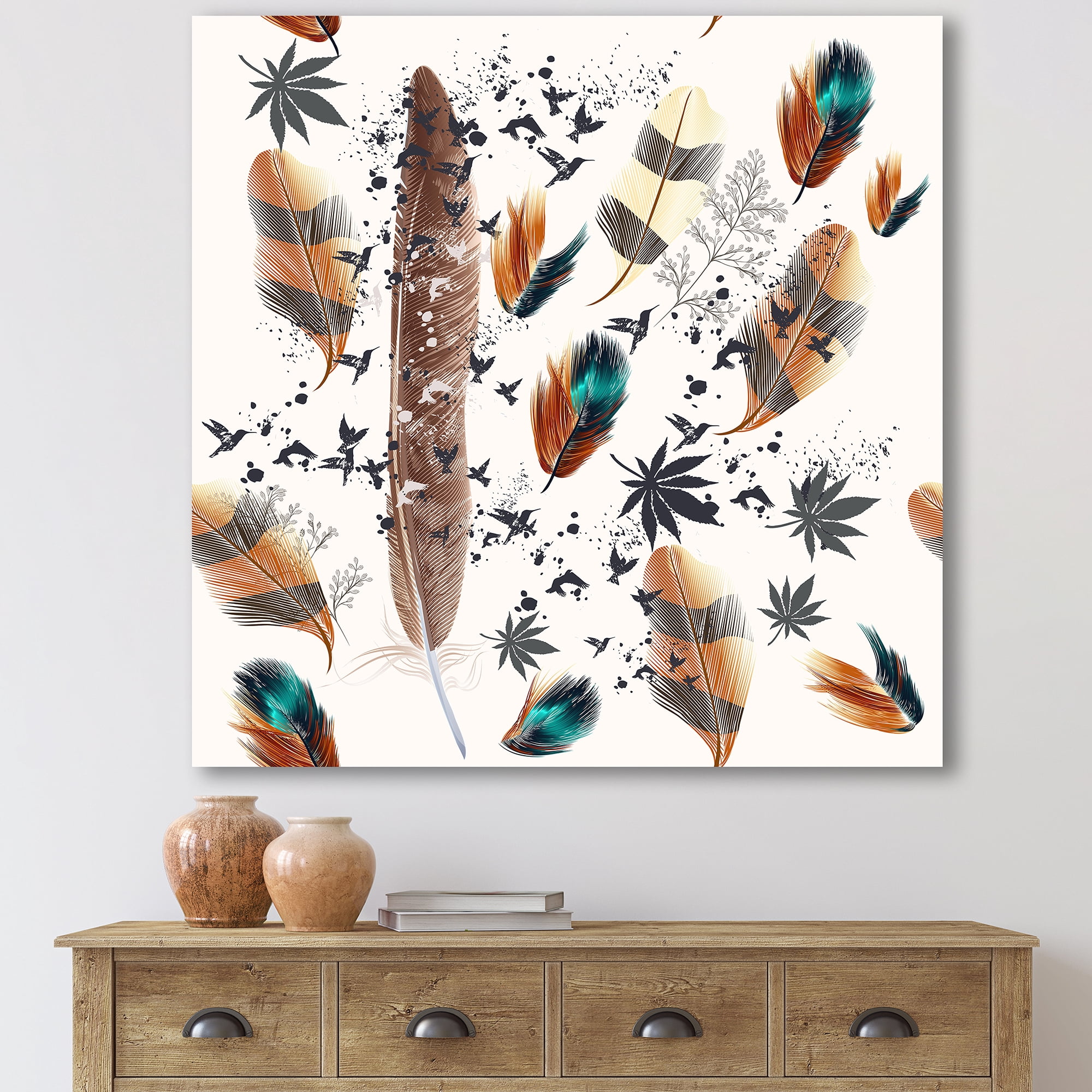 Designart ' Multicolored Feather Pattern With Floral ' Bohemian & Eclectic Canvas Wall Art Print