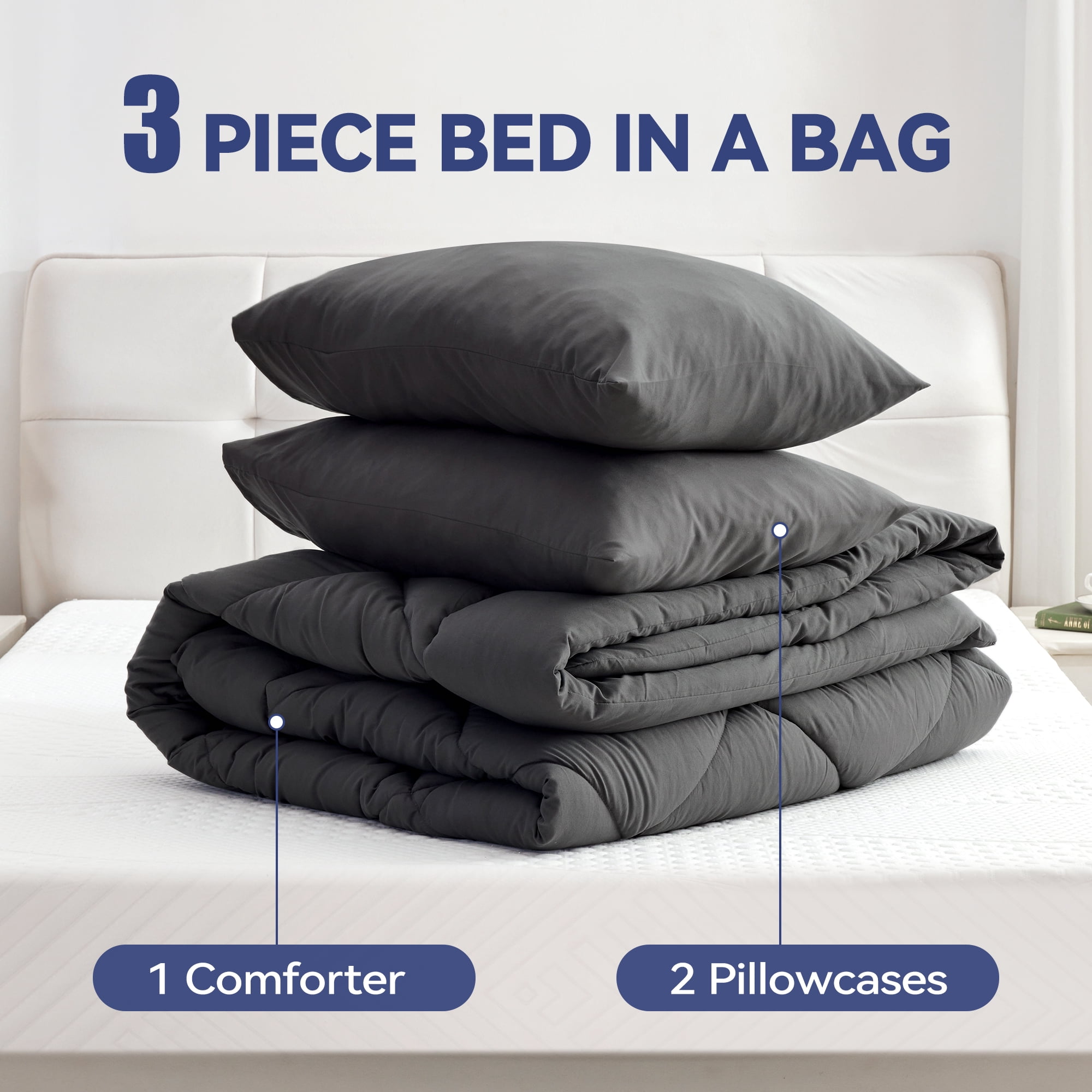 BDEUS Queen Size Comforter Set 3 Piece Extra Soft Bedding Set with Comforter and 2 Pillow Case for All Seasons，Grey