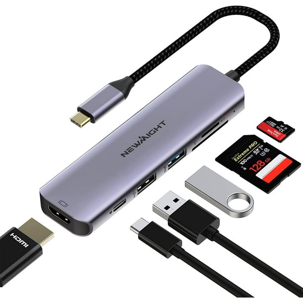 Adaptateur USB C Hub USB-C vers HDMI - Newmight Adaptateur multiport USB C  HDMI 6 en 1 avec alimentation 100 W HDMI 4K USB3.0 