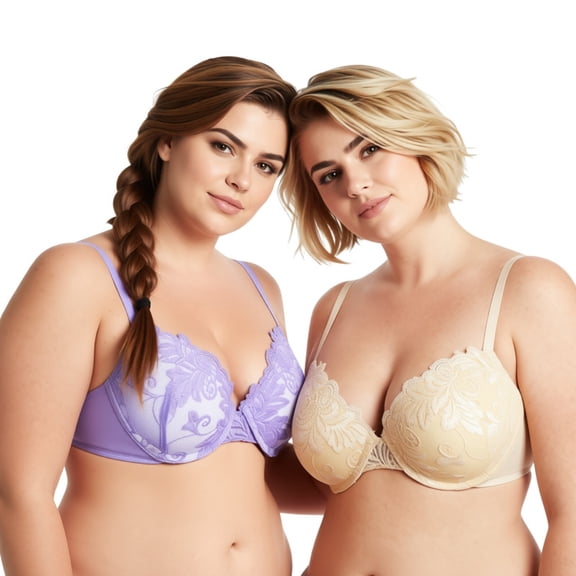 Curve Muse Women Plus Size Push Up Add 1 and a Half Cup Underwire Lace Mesh Bra-2PK-Nude,Mauve-32B
