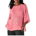 thumbnail image 1 of Hauts d'Été pour Femmes Chemise Imitation Lin Manches 3/4 Col Rond T-Shirt à Poche Surdimensionné Chemise Décontractée Légère et à la Mode Haut d'Été, 1 of 9