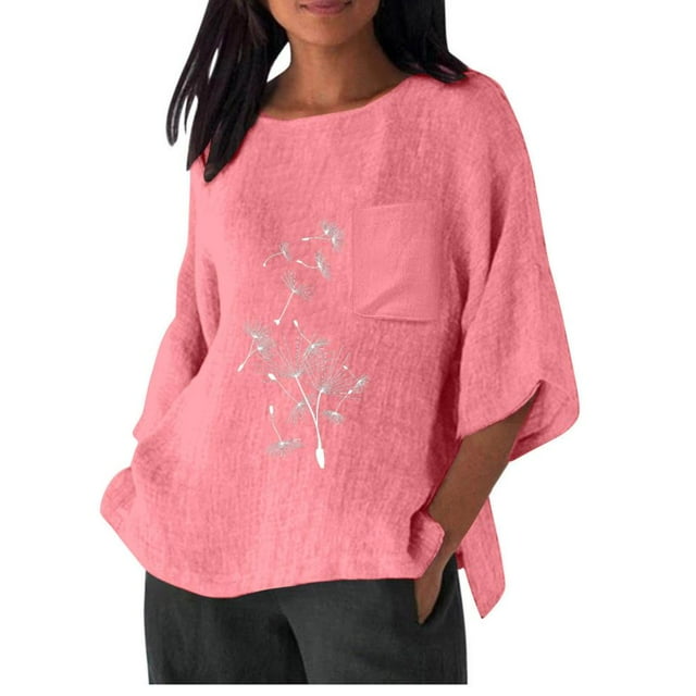 Hauts d'Été pour Femmes Chemise Imitation Lin Manches 3/4 Col Rond T-Shirt à Poche Surdimensionné Chemise Décontractée Légère et à la Mode Haut d'Été