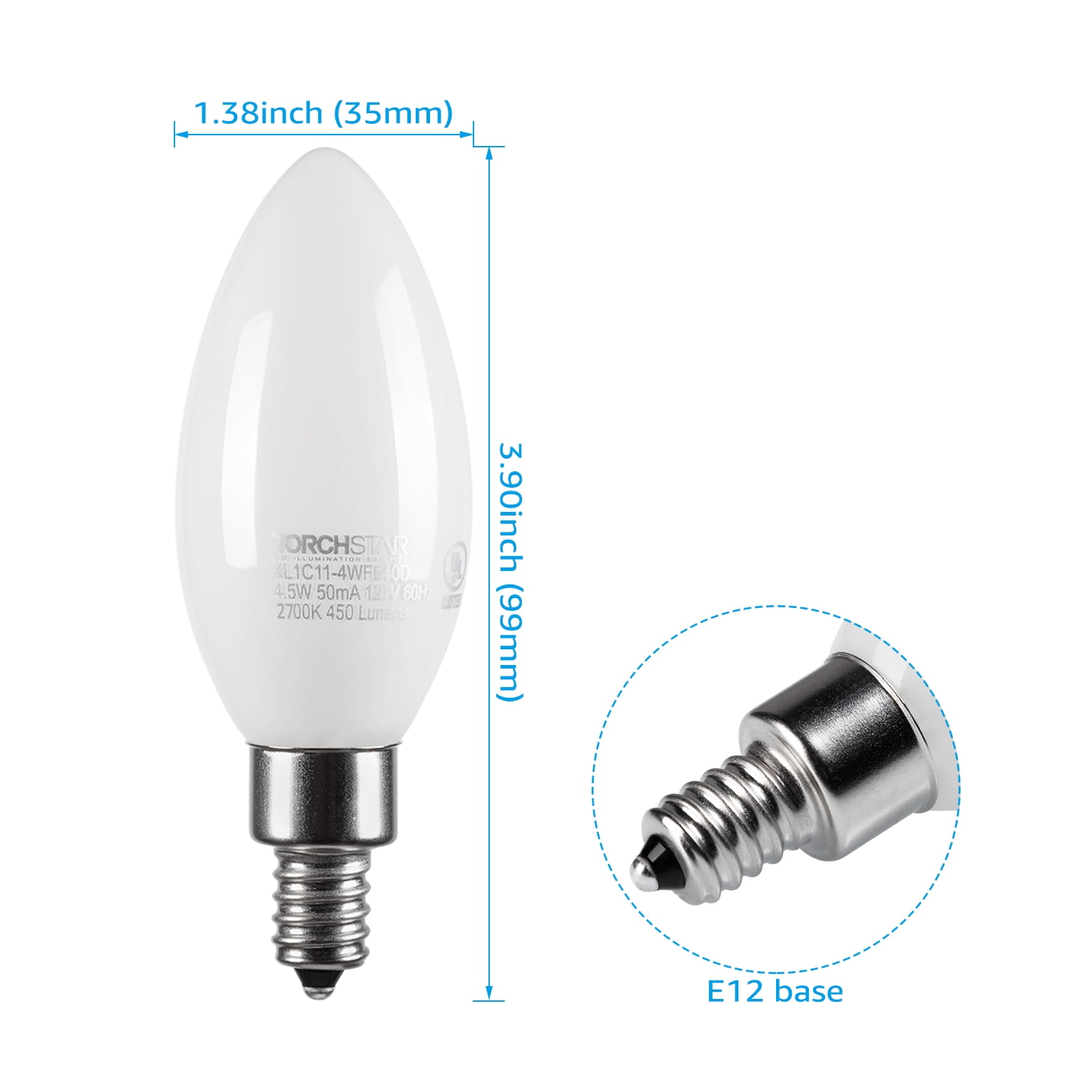 12 Pack Dimmable E12 LED Candelabra Bulb, C11 Milky Chandelier Filament Bulb, Omni Directional, Frosted Glass, 4.5W (40W Eqv.), UL-Listed, 2700K Soft White