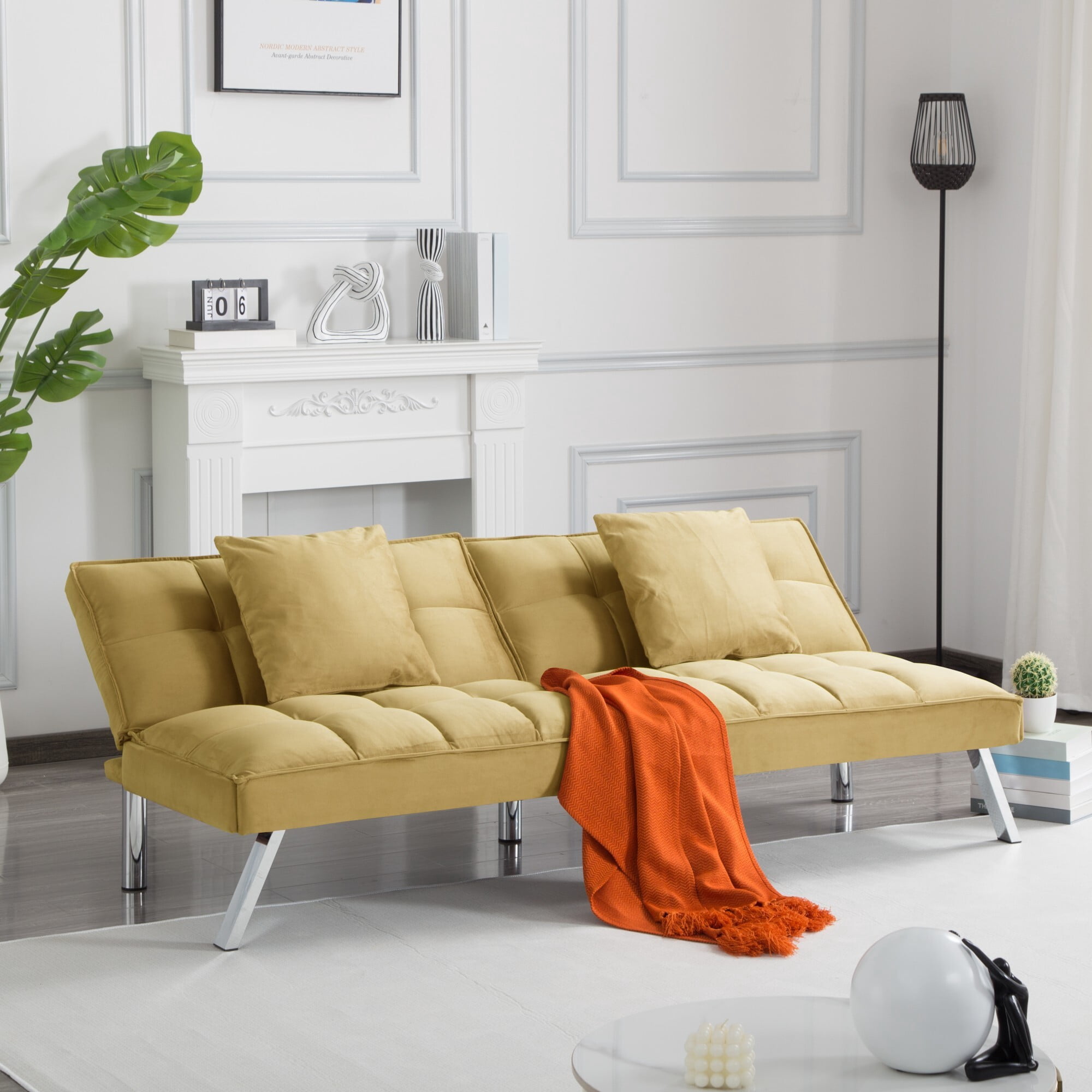 DEALTOPS 67" Convertible Futon Sofa Bed, 5-Angle Split-Back Sleeper with 2 Pillows for Small Spaces, Mustard Yellow