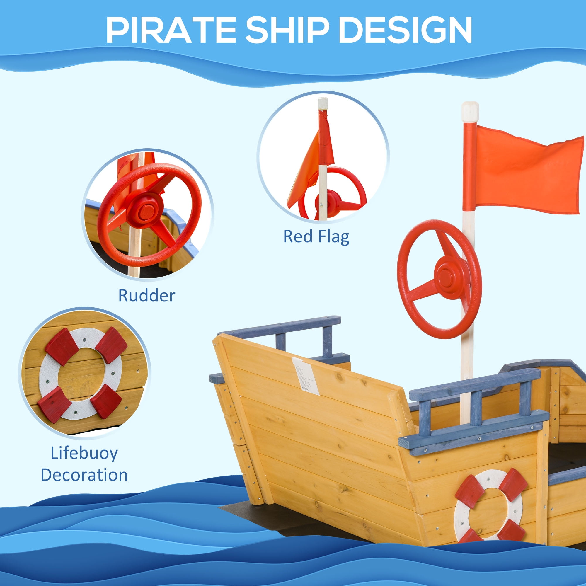 Wooden Kids Pirate Sandbox, Outdoor Sandboat with Bench Seats & Storage, Non-Woven Fabric Liner for Backyard & Lawn
