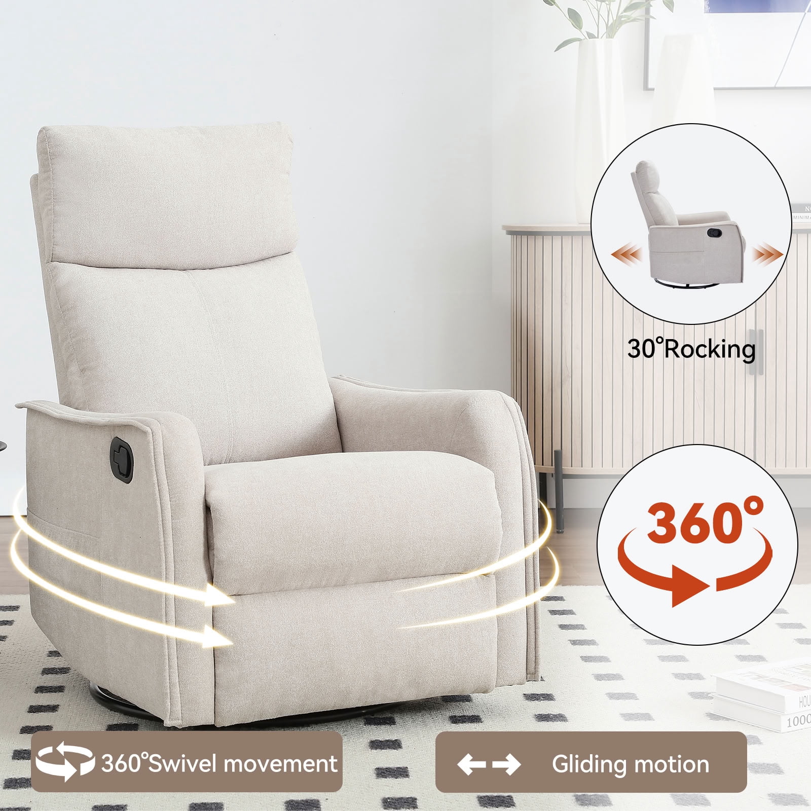 MAYEERTY 360 Degree Swivel Rocker Recliner Chair, Manual Recline Glider Chair with 8 Vibration Massage Nodes & Lumbar Heating, for Living Room Nursery