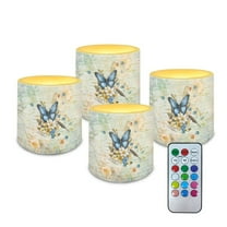 Kuiaobaty Retro Butterfly Peach Blossom Pattern 4 Packs Flickering Flameless LED Battery Candles Waterproof Pillar Fake Candles with Colored Light Remote for Wedding Beach Party Decor
