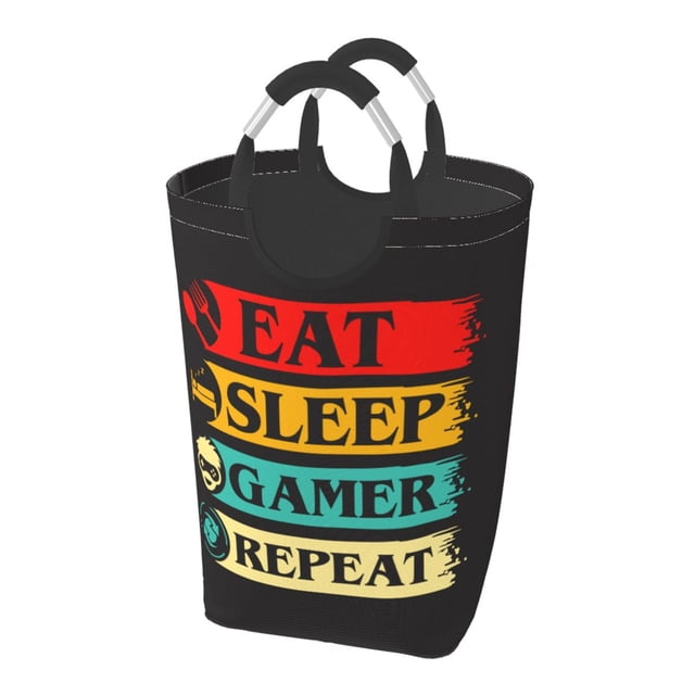 DouZhe 50L Rectangular Laundry Basket, Eat Sleep Gamer Repeat Gaming Prints Waterproof Foldable Laundry Hamper with Aluminum Handles
