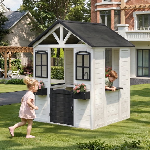 BUPPLEE 39"W x45"D Wooden Playhouses, Outdoor Toy Gift, Kids Garden Pretend Playhouse, White