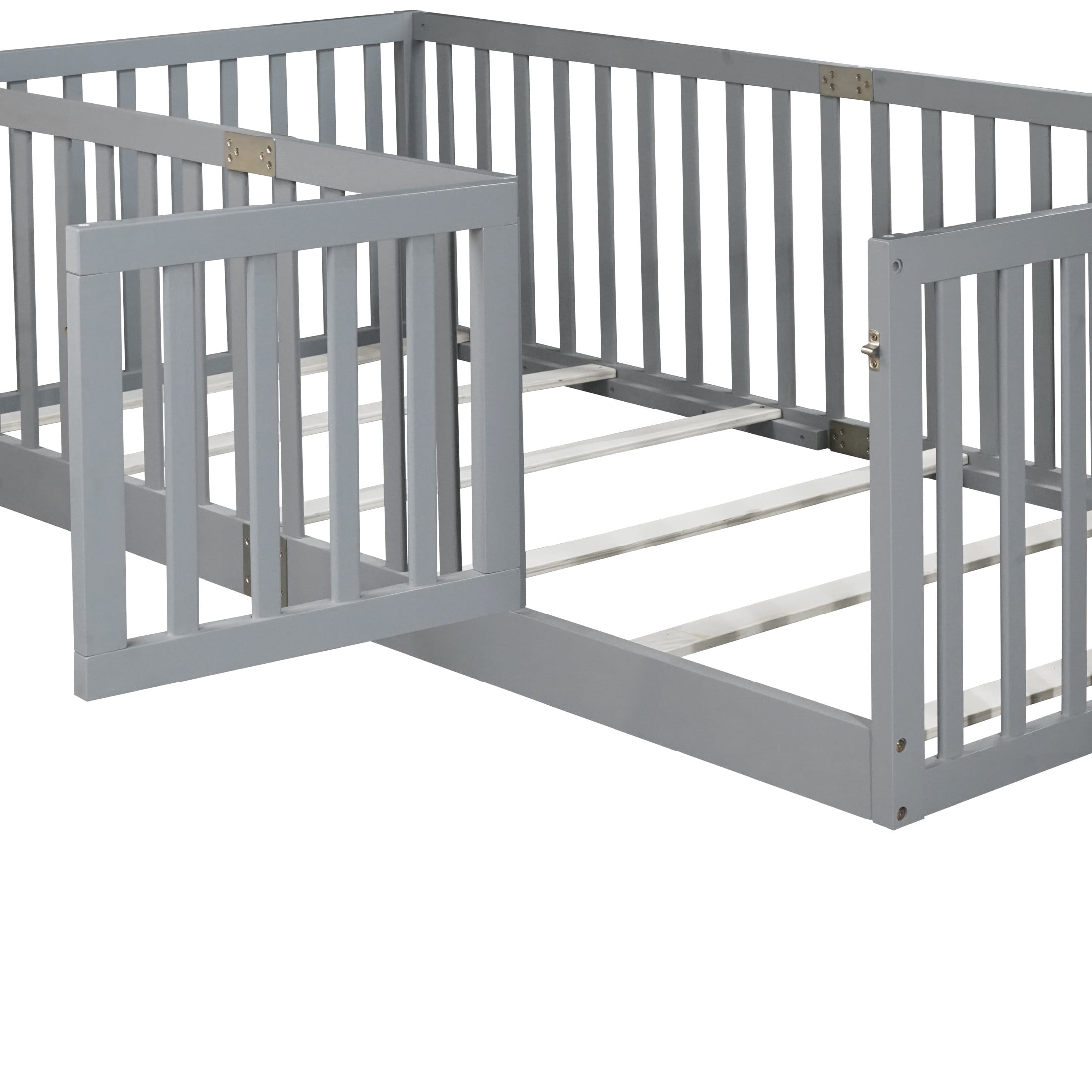 Noble House Nira Twin Floor Bed with High Fence and Door, Rubber Wood Montessori Bed Frame, Kids' Room, Gray