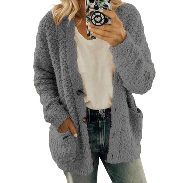 Abrigo de invierno de felpa gruesa para mujer, cárdigan térmico suave de un solo pecho para otoño, suéteres de moda para mujer, sudaderas con botones, prendas de vestir exteriores