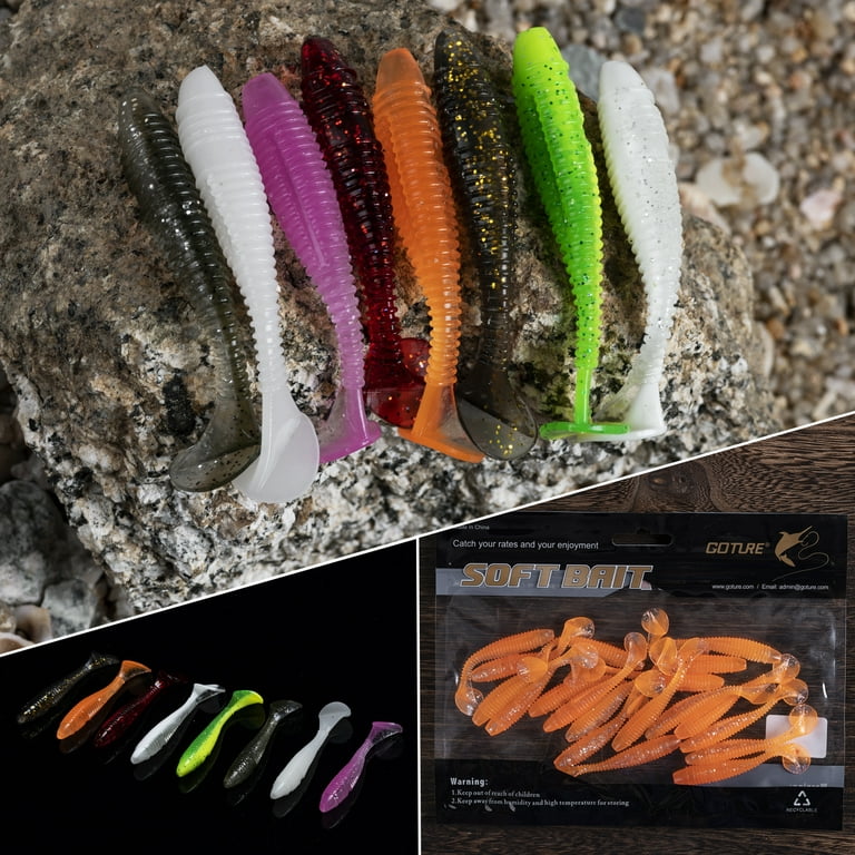 Goture Threaded T-tail soft bait Soft Fishing Lures Paddle Tail Swimbaits  Soft Plastic Lures Kit For Bass Trout 20pcs orange 