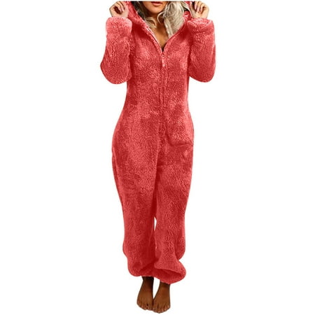 

JWZUY Womens Fleece Pajamas Jumpsuit Warm Sherpa Romper Sleepwear One Piece Zipper Hooded Playsuit Loungewear XXXXL