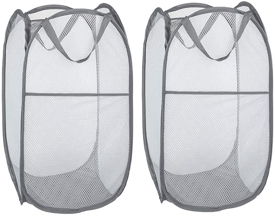 2Pcs Pop Up Foldable Laundry Basket Mesh Hamper Washing Clothes Bag Storage Bin 