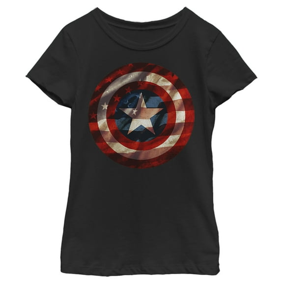Girl's Marvel Captain America Avengers Shield Flag Graphic Tee Black X Small