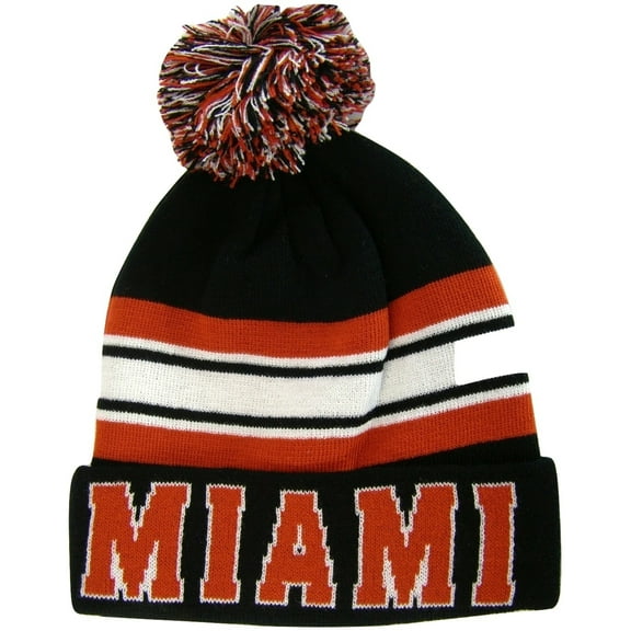Miami Adult Size Winter Knit Beanie Hats (Black/Red Large Letters)