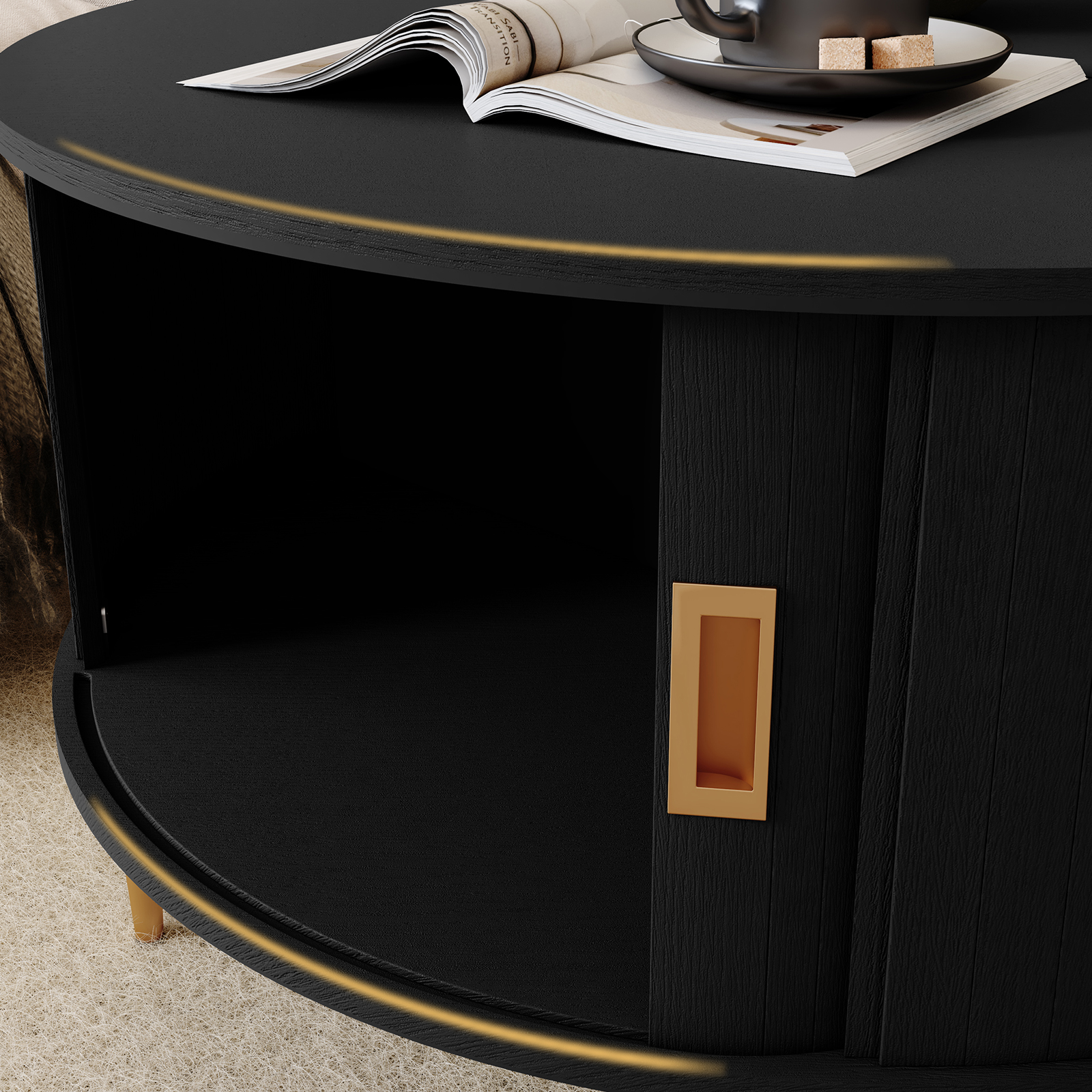 HLR Mid Century 31.5" Round Coffee Table with Sliding Tambour Door, Drum Center Table with Storage for Living Room, Black