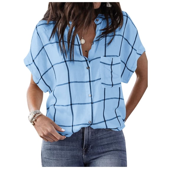 TWZH Women Plaid Stand Collar Batwing Sleeve Buttons Front Pocket Shirt