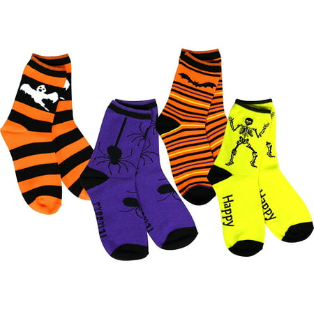 TeeHee Halloween Kids Cotton Fun Crew Socks 4-Pair Pack (Happy Halloween Creepy)