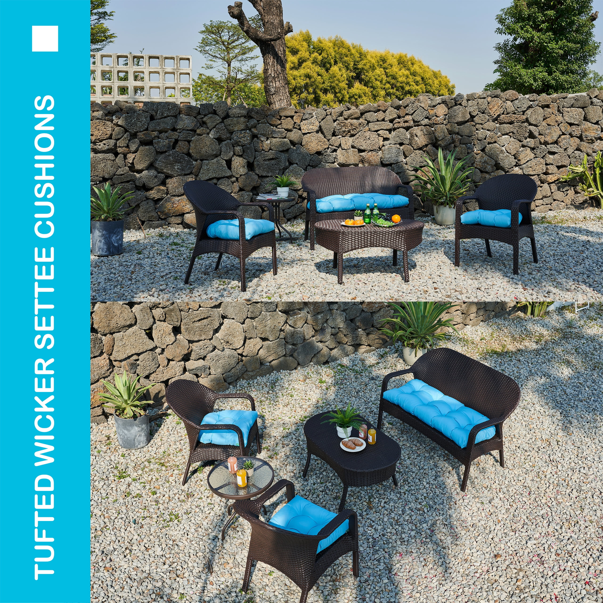 YOOZEKU Outdoor Tufted Wicker Chair Cushions of 3 Pieces, 1 Loveseat and 2 U-Shape All Weather Waterproof Patio Seat Cushions for Wicker Furniture,Bench, Aqua Blue