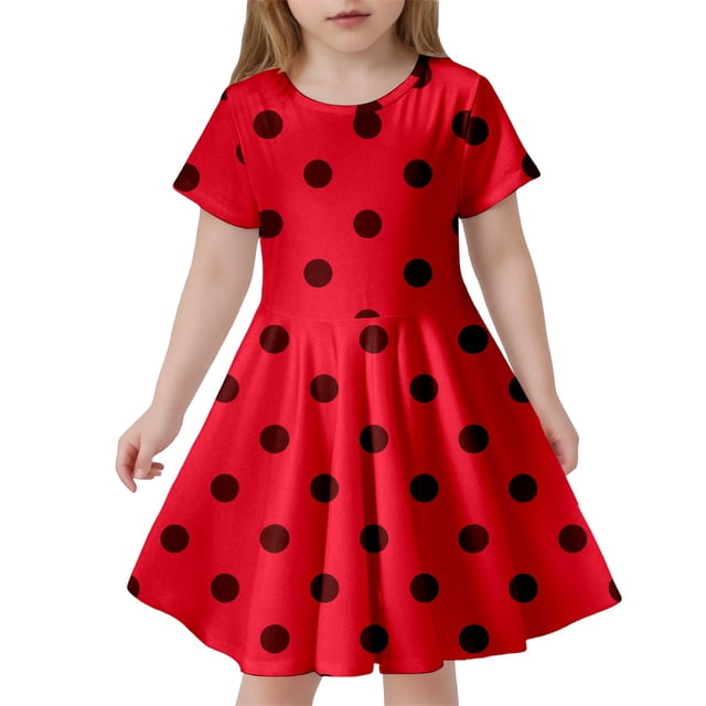 Robe pour Filles Enfant Filles Été à Pois Ajustée Douce Respirante à Manches Courtes Robe Décontractée Robe Enfant Fille Rouge 10 Ans-13 Ans