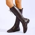 thumbnail image 6 of Women’s Full Lace Up Knee High Combat Boots, Round Toe Low Flat Heel Leather Tall Boots, Side Zipper Moto Riding Shoes Brown 9.5(43), 6 of 9