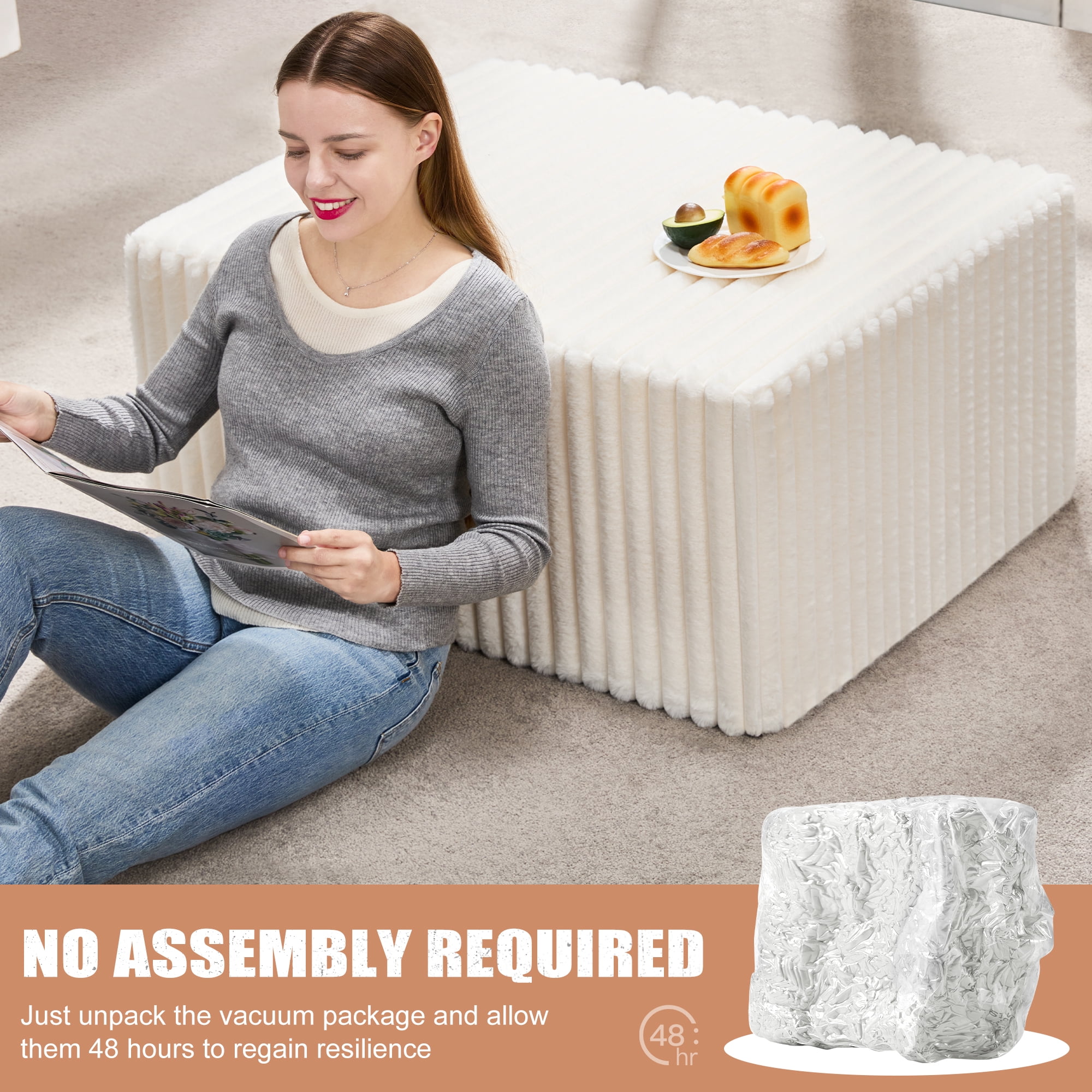 Hobestluk Rectangle Ottoman Memory Foam Footrest for Couch with Removable Cover Large Floor Seating for Adults Ottoman Coffee Table for Living Room, Bedroom or Office (STRIP WHITE, Footrest)
