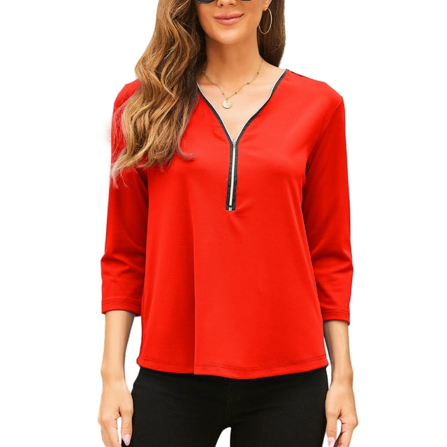 Fashnice Ladies Tee Long Sleeve T-shirt Solid Color T Shirt Comfy Dailywear Pullover Orange XL