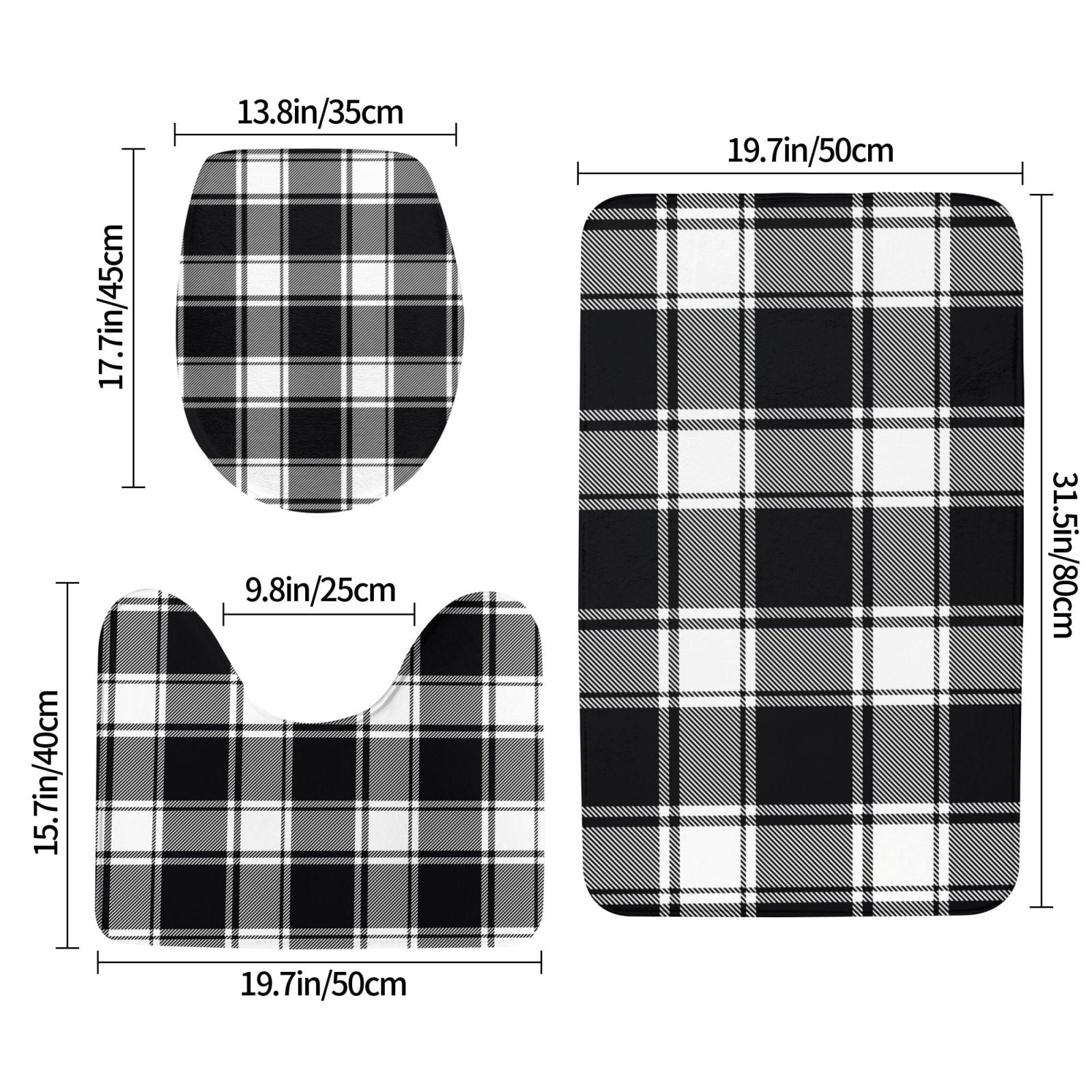 Bathroom Rugs Sets 3 Piece - Buffalo check plaid white black Absorbent Non Slip Bath Mats, U-Shape Toilet Lid Cover, Contour Mat, Soft Washable Shower Mats Bath Rug Mat for Bathroom Tub Toilet