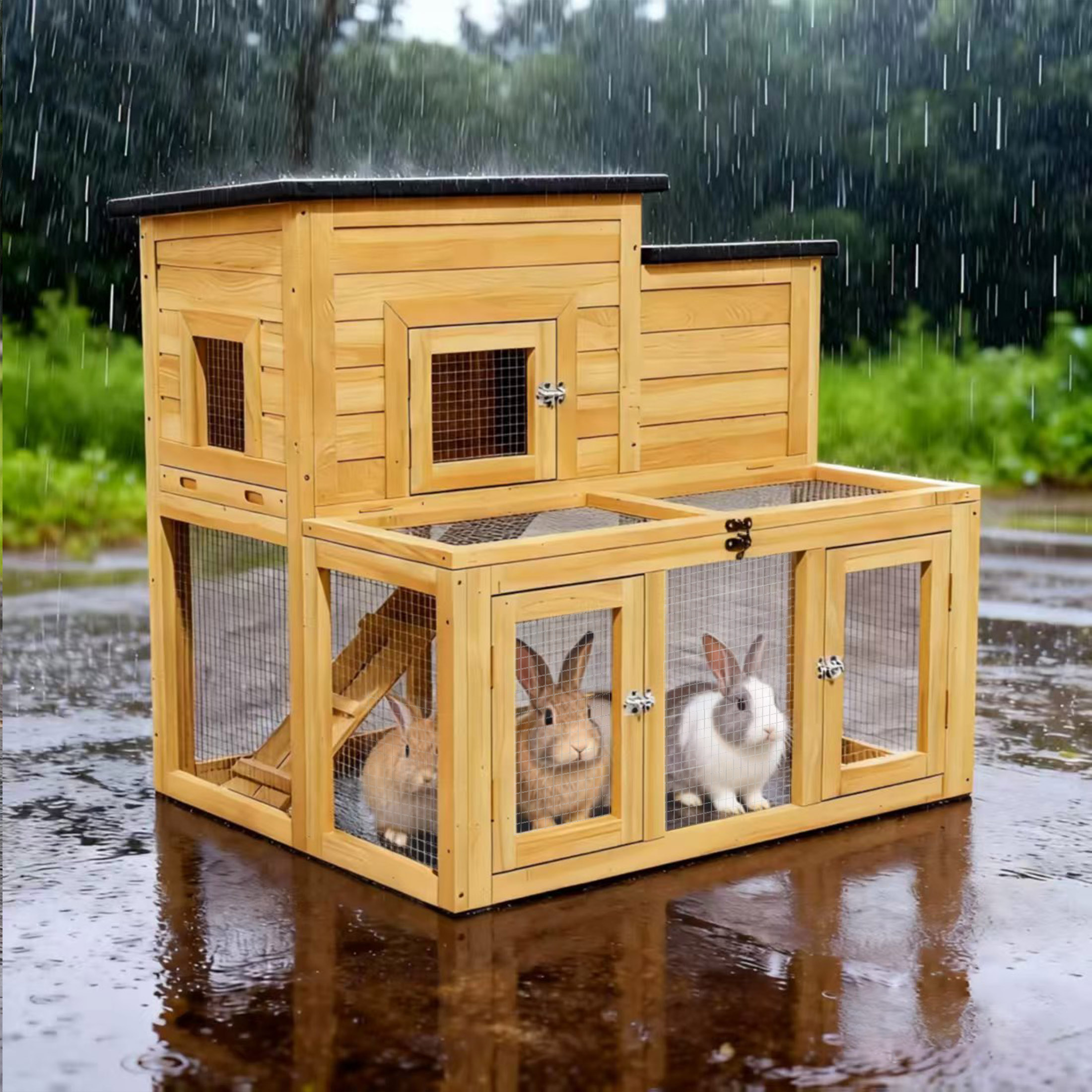 Outdoor 2 Story Wooden Rabbit Hutch with 2 Openable Asphalt Roofs, Indoor Guinea Pig Hideout with Wire Mesh and Tray,Yellow