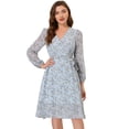 thumbnail image 1 of Vestido cruzado Allegra K de gasa fluido, manga larga, cuello En V, floral boho, Azul claro M, 1 of 5