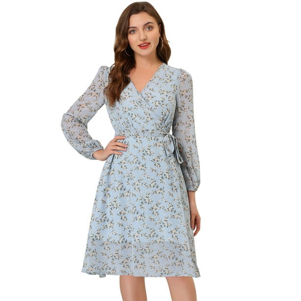 Vestido cruzado Allegra K de gasa fluido, manga larga, cuello En V, floral boho, Azul claro M