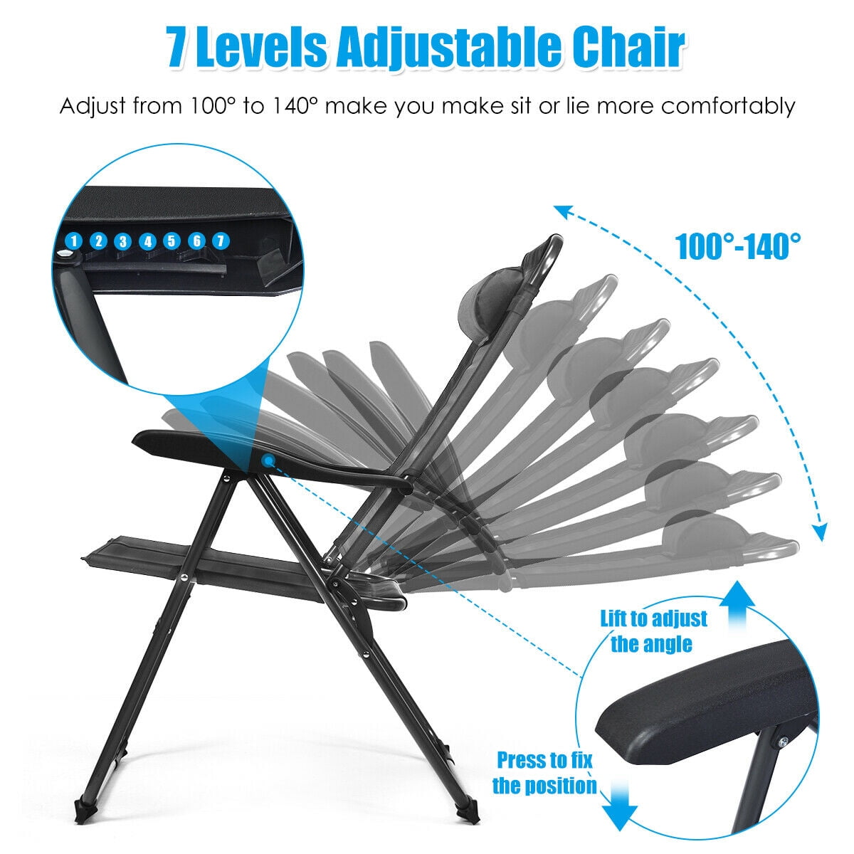 Gymax 4PC Folding Chairs Adjustable Reclining Chairs with Headrest Patio Garden Grey