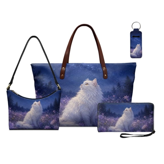 Kuiaobaty 4 Piece Tote Purse and Wallet Set for Women Cat Floral Print Shoulder Bag Lip Holder Lightweight Top Handle Handbag Set for Shopping, Blue