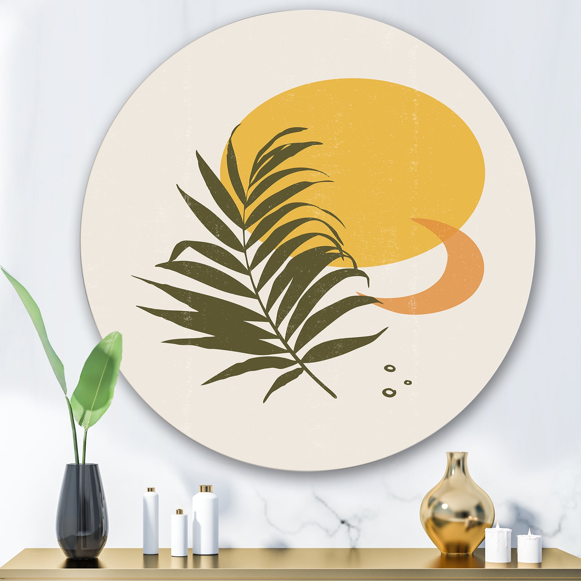 Designart 'Abstract Moon and Yellow Sun With Tropical Leaf I' Modern Circle Metal Wall Art 29x29 - Disc of 29