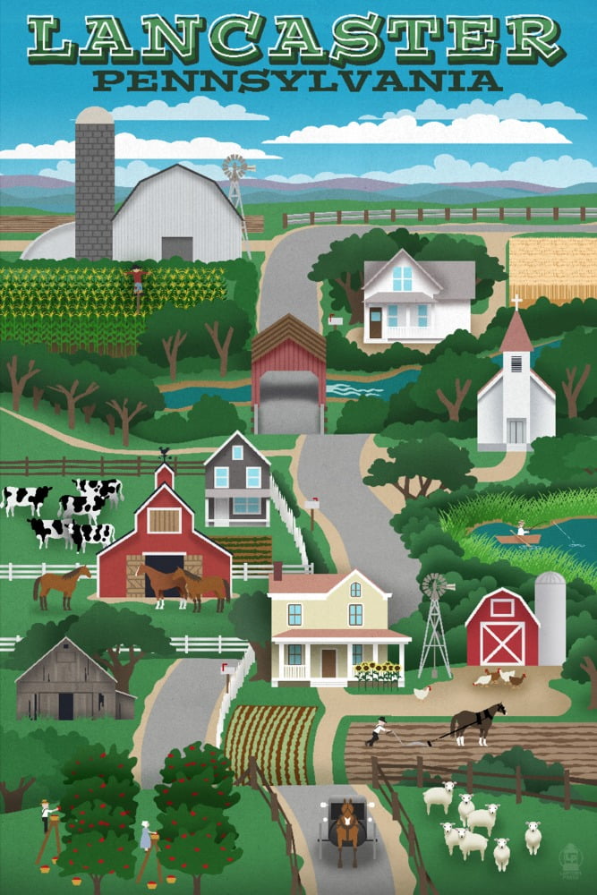 Lancaster, Pennsylvania, Retro Countryside (36x54 Giclee Gallery Art