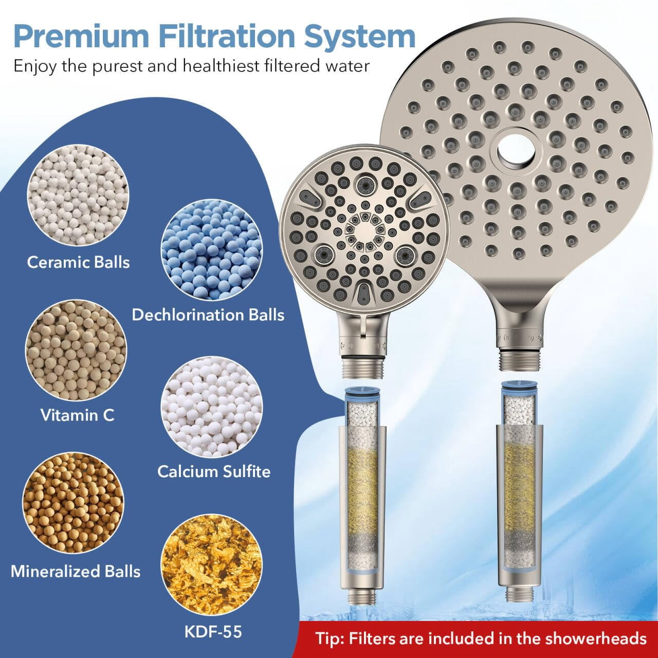 Dual Filtered Rain Shower Head Combo  High Handheld With Adjustable Bar - Rainfall And Showerhead Filter For Hard Water Removes Chlorine(brushed Nickel)