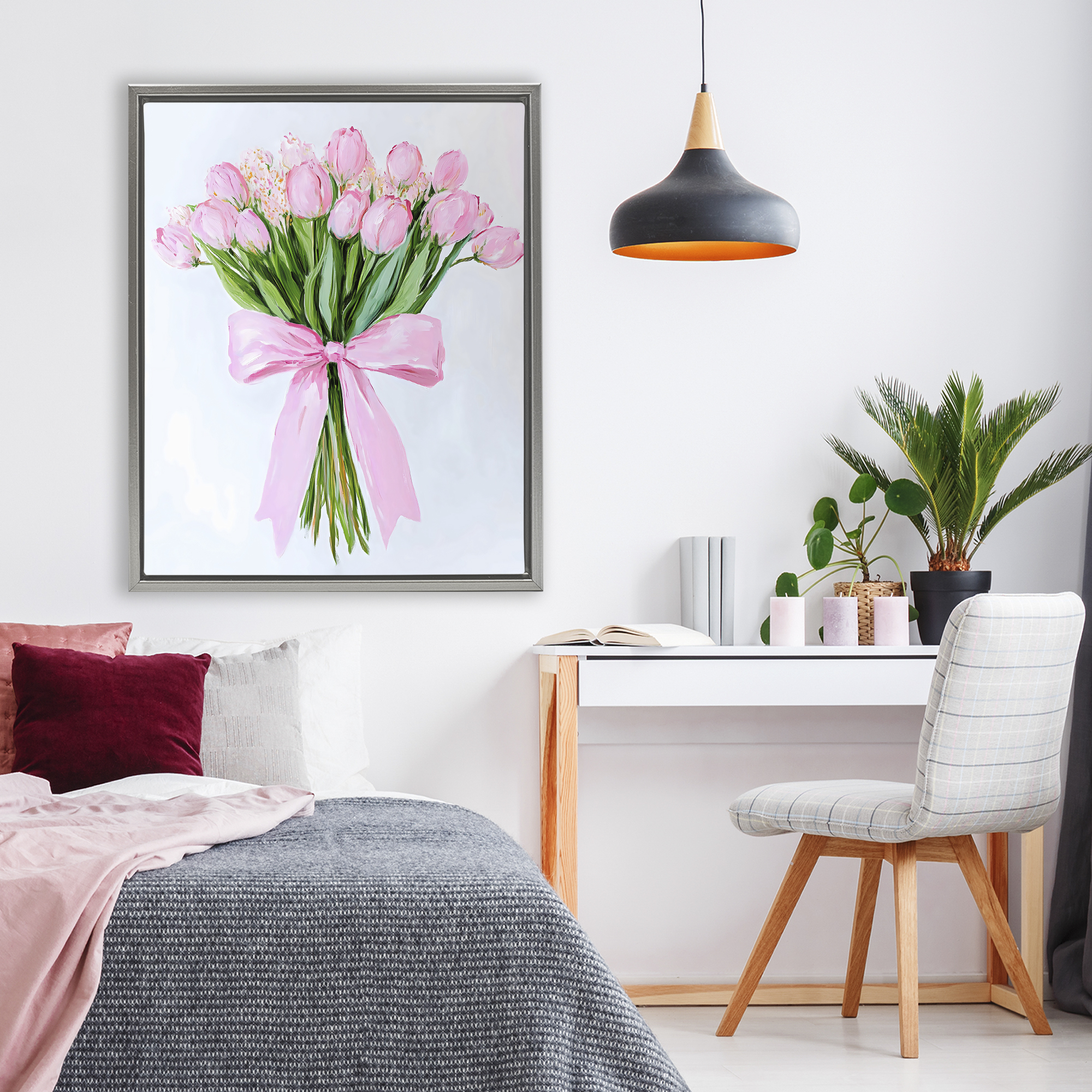 Stupell Industries Soft Pink Tulips with Ribbon Gray Framed Floater Canvas Wall Art, design by The Prints Vibe
