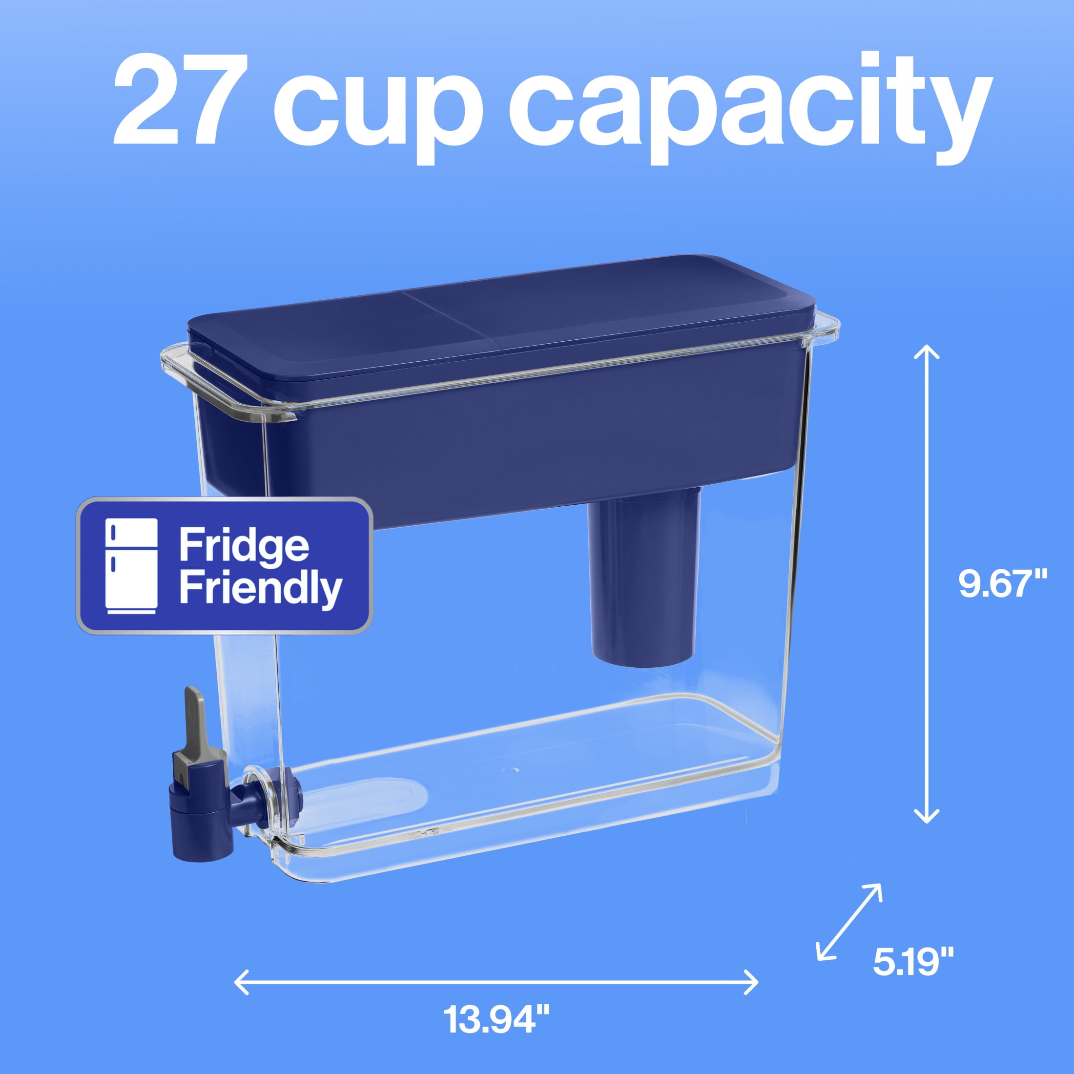 Brita 27 Cup Extra Large Plastic Water Filtration Dispenser, Blue, BPA Free with 1 Standard Brita Filter