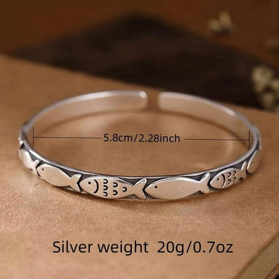 S925 Sterling Silver Fish Design Cuff Bracelet, Vintage Elegant Style, 20g, for Daily Wear & Gift, Valentine'S Day All-Season Jewelry,Silver,925 silver bracelet