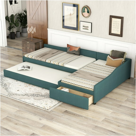 JERFIT Upholstered Double Twin Size Daybed with Trundle and Drawer Green